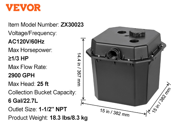 VEVOR Utility Sink Pump, 1/3 HP, 120-Volt, 2900 GPH Flow, 25