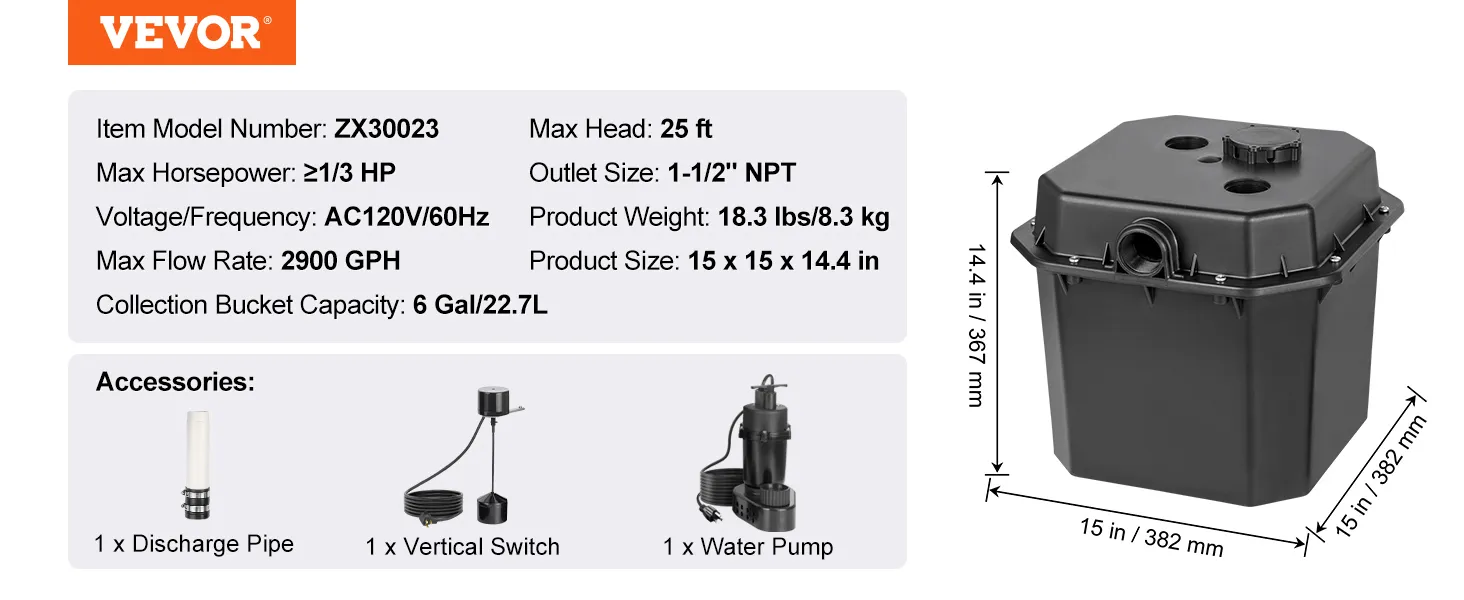 Bomba de fregadero utilitario VEVOR modelo zx30023 con caudal de 2900 gph, altura de 25 pies, incluye tubería, interruptor y bomba.