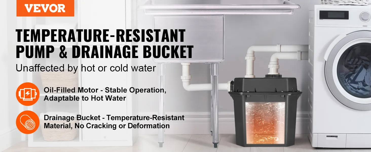 Bomba de fregadero utilitaria VEVOR para drenaje resistente a la temperatura, no afectado por agua fría ni caliente.