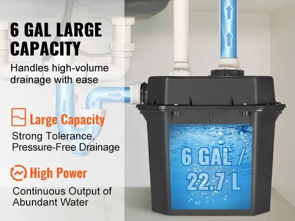 Bomba de fregadero utilitario VEVOR, capacidad de 6 galones, con sistema de drenaje continuo de alta potencia para un uso eficiente.