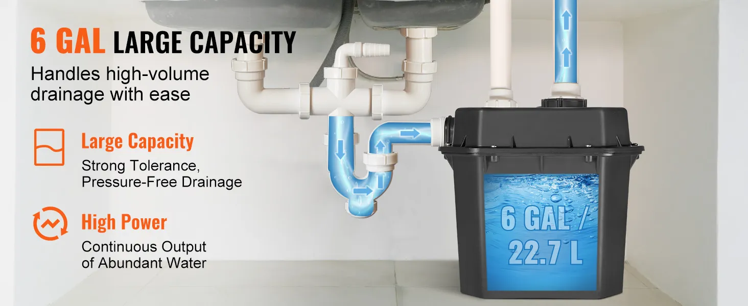 Bomba de fregadero utilitario VEVOR, capacidad de 6 galones, con sistema de drenaje continuo de alta potencia para un uso eficiente.