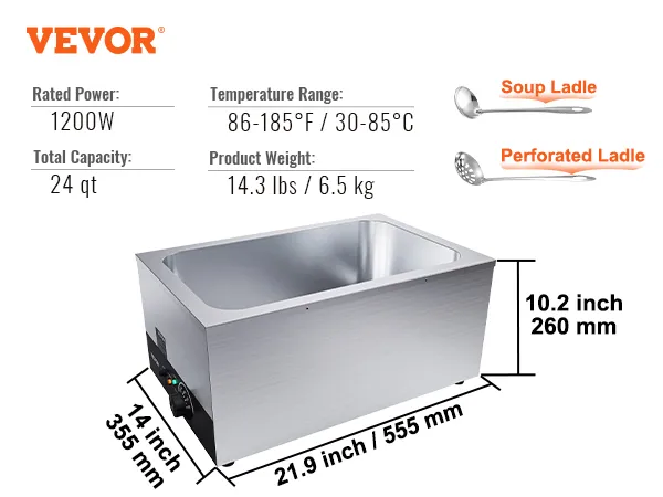Podgrzewacz do żywności VEVOR, 1200 W, pojemność 24 qt, zakres 86–185°F, wymiary: 21,9 x 14 x 10,2 cala.