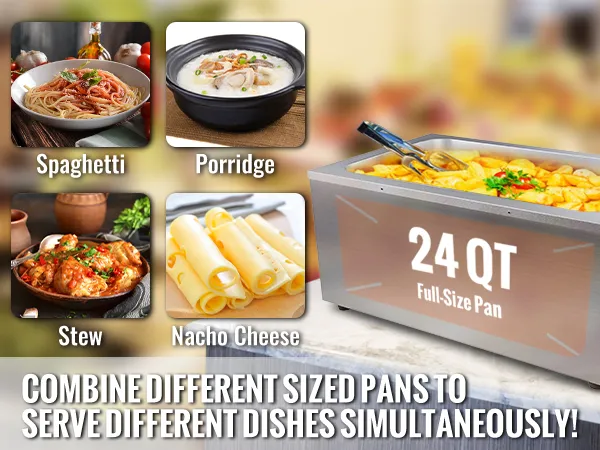 Komercyjny podgrzewacz do żywności VEVOR z pełnowymiarowym garnkiem o pojemności 24 qt, umożliwiający przygotowywanie różnych potraw, takich jak spaghetti, owsianka, gulasz i nachos z serem.