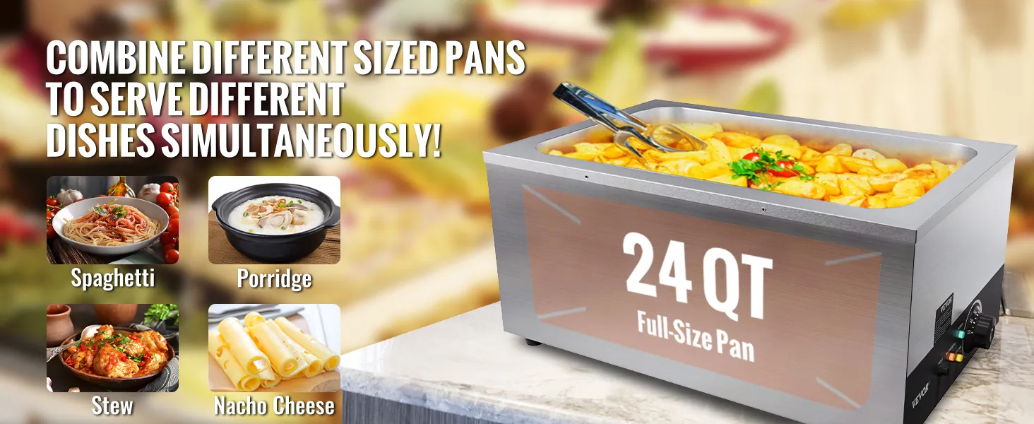 Komercyjny podgrzewacz do żywności VEVOR z pełnowymiarowym garnkiem o pojemności 24 qt, umożliwiający przygotowywanie różnych potraw, takich jak spaghetti, owsianka, gulasz i nachos z serem.