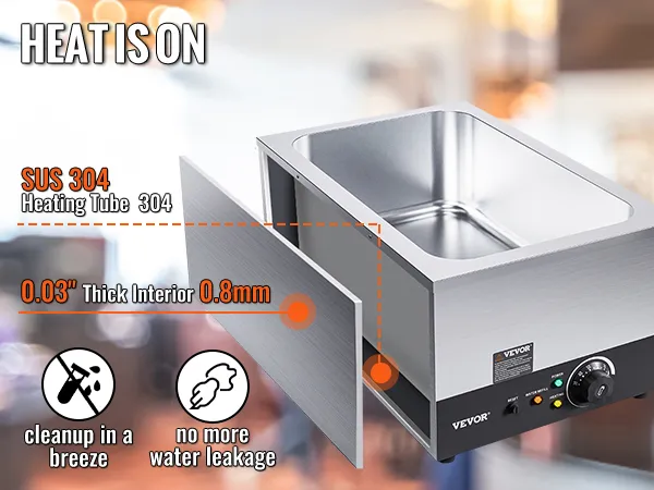 Podgrzewacz do żywności VEVOR wykonany ze stali nierdzewnej z rurą grzewczą Sus 304 o grubości wewnętrznej 0,8 mm.
