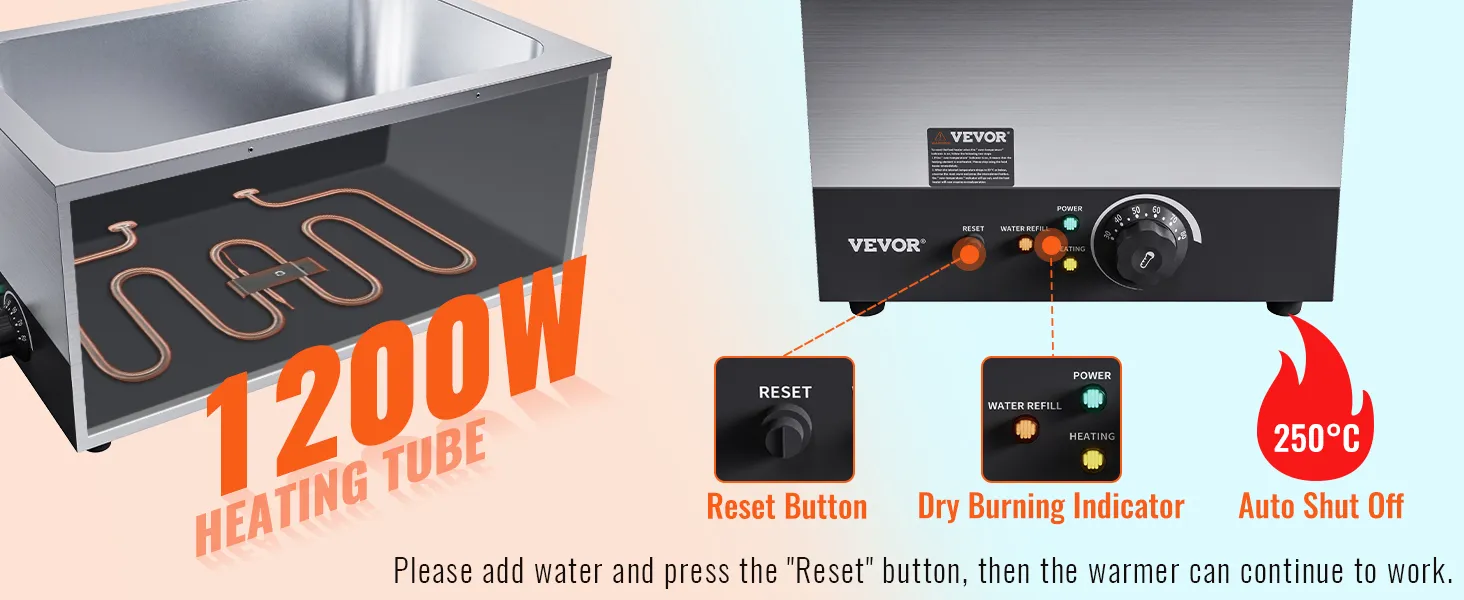 Komercyjny podgrzewacz do żywności VEVOR z rurą grzewczą o mocy 1200 W, przyciskiem resetowania, wskaźnikiem suchego spalania i automatycznym wyłączaniem.