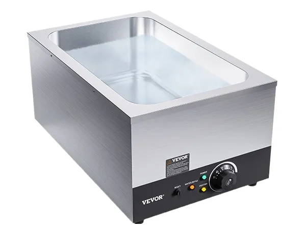 Komercyjny podgrzewacz do żywności VEVOR z obudową ze stali nierdzewnej i pokrętłem do regulacji temperatury.