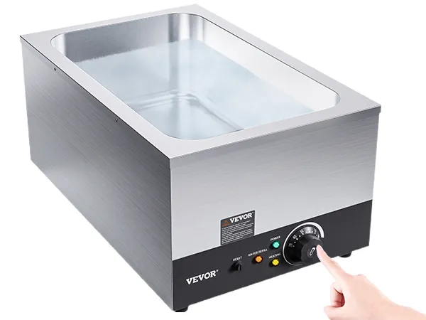 Komercyjny podgrzewacz do żywności VEVOR z obudową ze stali nierdzewnej i pokrętłem do regulacji temperatury, obsługiwany ręcznie.