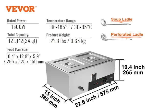 VEVOR commercial food warmer, 1500w, 12 qt*2 capacity, 86-185°f, 21.3 lbs, 10.4"x12.8"x5.9" pans.