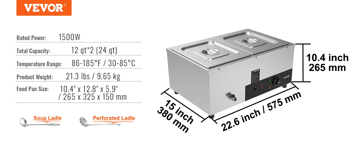 VEVOR commercial food warmer, 1500w, 12 qt*2 capacity, 86-185°f, 21.3 lbs, 10.4"x12.8"x5.9" pans.
