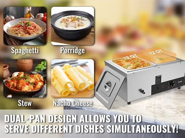 VEVOR commercial food warmer with dual pans, showcasing spaghetti, porridge, stew, and nacho cheese.