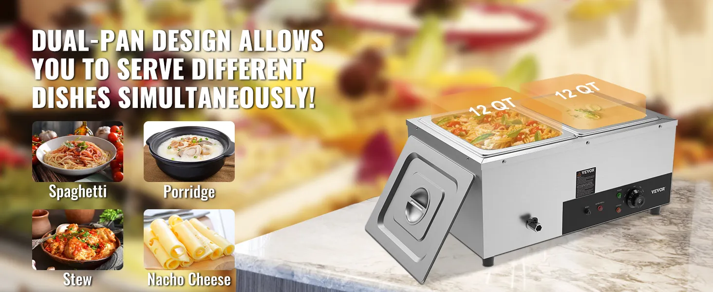 VEVOR commercial food warmer with dual pans, showcasing spaghetti, porridge, stew, and nacho cheese.