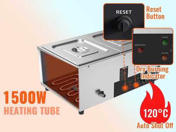 VEVOR commercial food warmer with 1500w heating tube, reset button, dry burning indicator, auto shut off.
