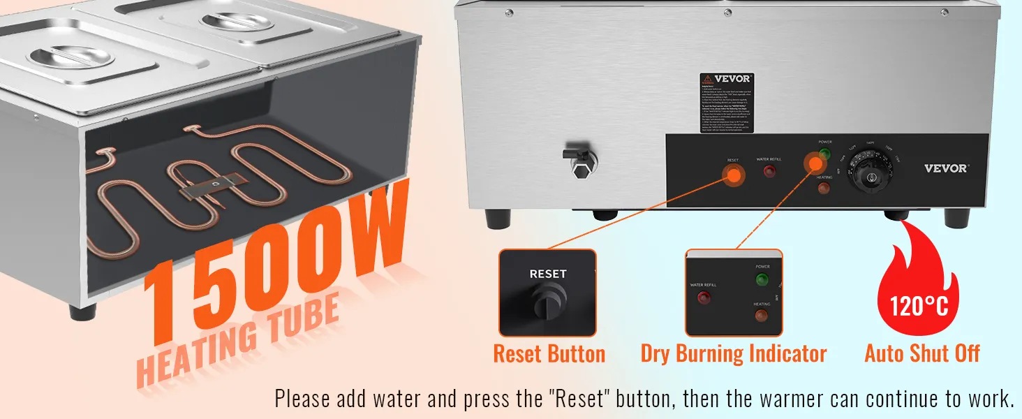 VEVOR commercial food warmer with 1500w heating tube, reset button, dry burning indicator, auto shut off.