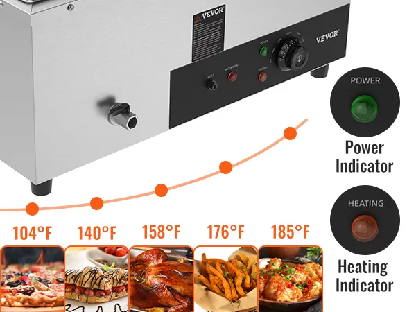 VEVOR commercial food warmer with power and heating indicators, temperature settings, and food options.