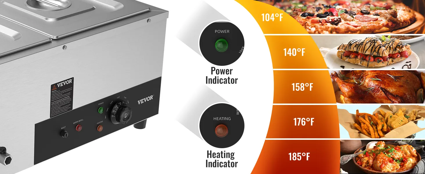 VEVOR commercial food warmer with power and heating indicators, temperature settings, and food options.