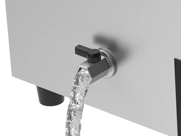 VEVOR commercial food warmer spout with water flowing, stainless steel, close-up view.