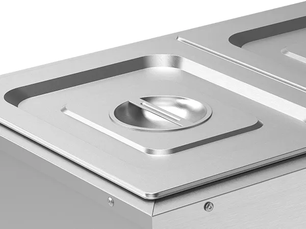 stainless steel VEVOR commercial food warmer with dual lidded compartments on a sleek metallic surface.