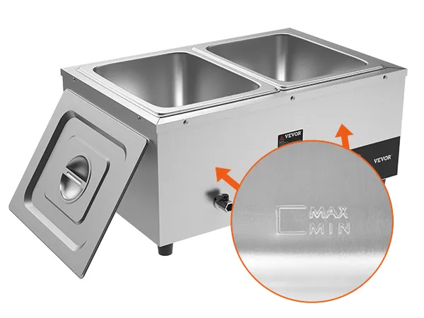 VEVOR commercial food warmer with dual stainless steel pans, removable lid, and max-min water level indicator.