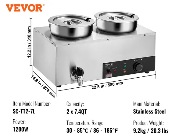 Scaldazuppe elettrico VEVOR, 1200 W, capacità doppia di 7,4 qt, temperatura di cottura 86-185 °F, 18,6 libbre, con mestoli per zuppa e forati.