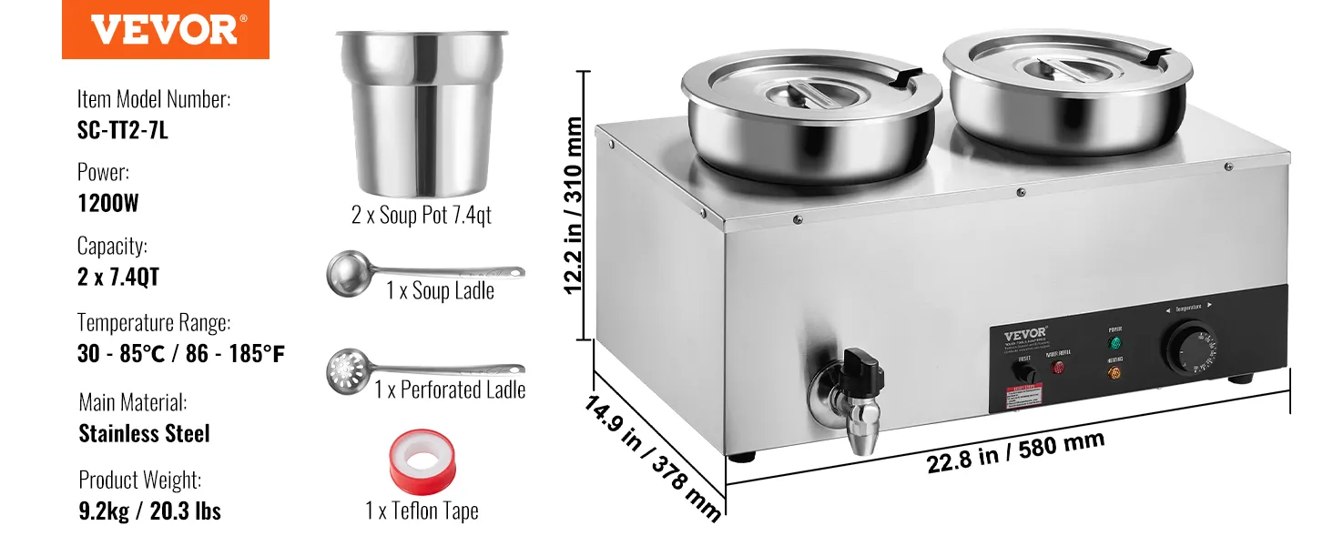 Scaldazuppe elettrico VEVOR, 1200 W, capacità doppia di 7,4 qt, temperatura di cottura 86-185 °F, 18,6 libbre, con mestoli per zuppa e forati.