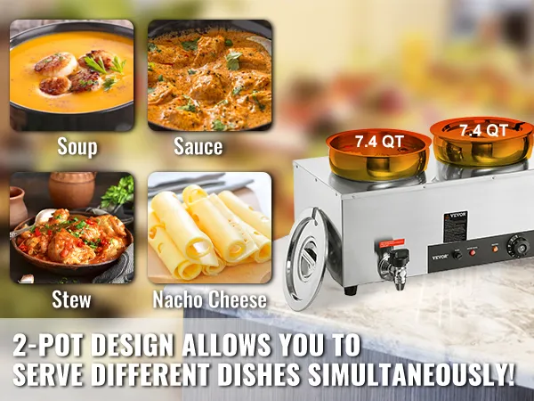 Scaldazuppe elettrico VEVOR con design a 2 pentole per servire contemporaneamente zuppa, salsa, stufato e formaggio nacho.