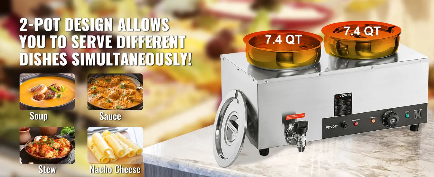 Scaldazuppe elettrico VEVOR con design a 2 pentole per servire contemporaneamente zuppa, salsa, stufato e formaggio nacho.