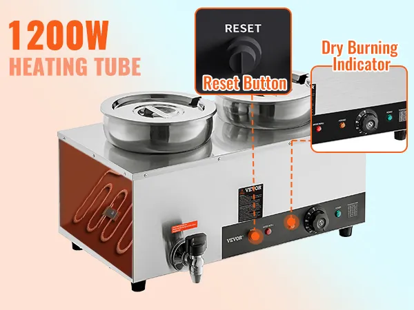 Scaldazuppe elettrico VEVOR da 1200 W con pulsante di reset e indicatore di combustione a secco per un riscaldamento efficiente.