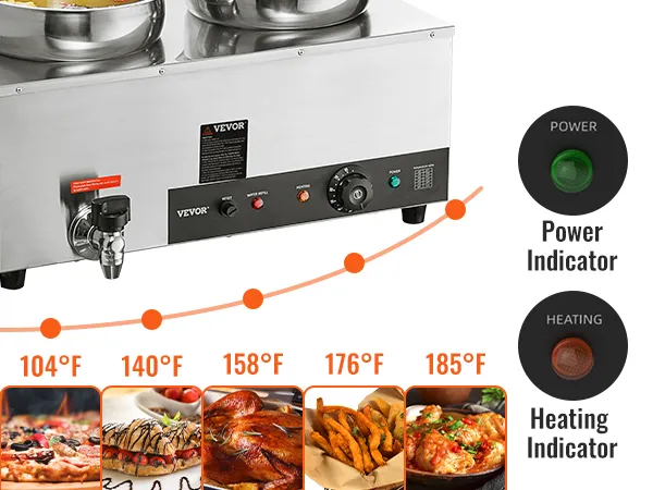 Scaldazuppe elettrico VEVOR con controllo della temperatura, indicatori di potenza e riscaldamento e pentole in acciaio inox.
