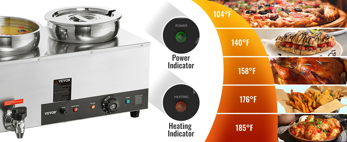 Scaldazuppe elettrico VEVOR con controllo della temperatura, indicatori di potenza e riscaldamento e pentole in acciaio inox.