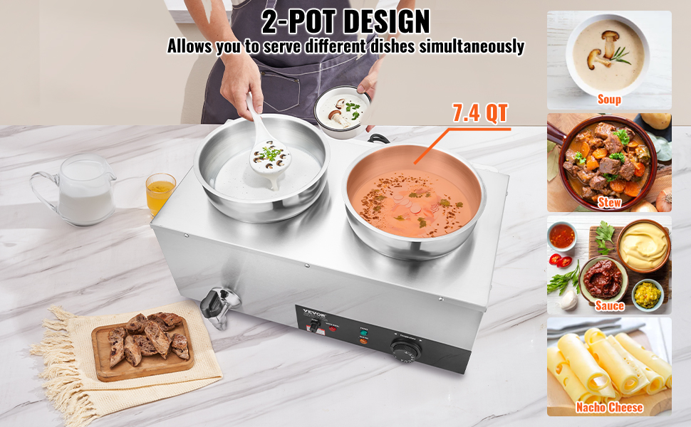 フードwarmer VEVOR Electric Soup Warmer, Dual 7.4QT Stainless Steel Round Pot
