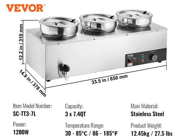 Calentador de sopa eléctrico VEVOR, 1200 W, capacidad de 22,2 qt, 7,4 qt*3, rango de temperatura de 86 a 185 °F, 25,2 lbs.