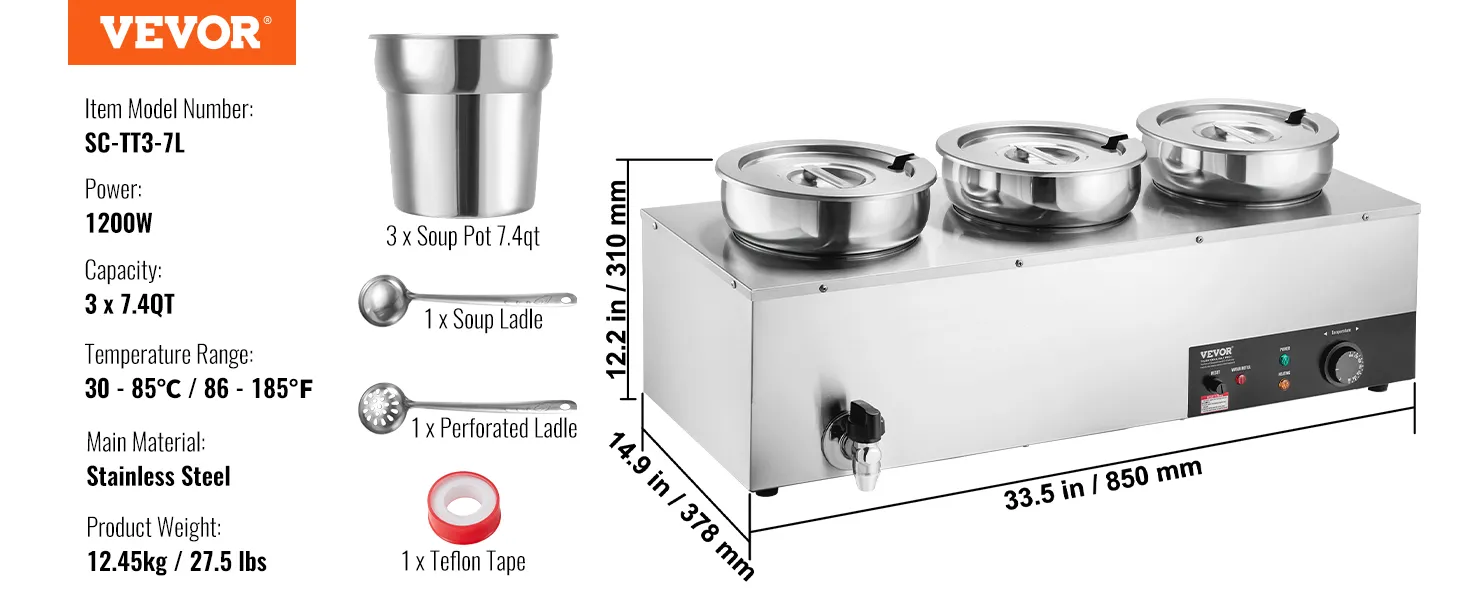 Calentador de sopa eléctrico VEVOR, 1200 W, capacidad de 22,2 qt, 7,4 qt*3, rango de temperatura de 86 a 185 °F, 25,2 lbs.