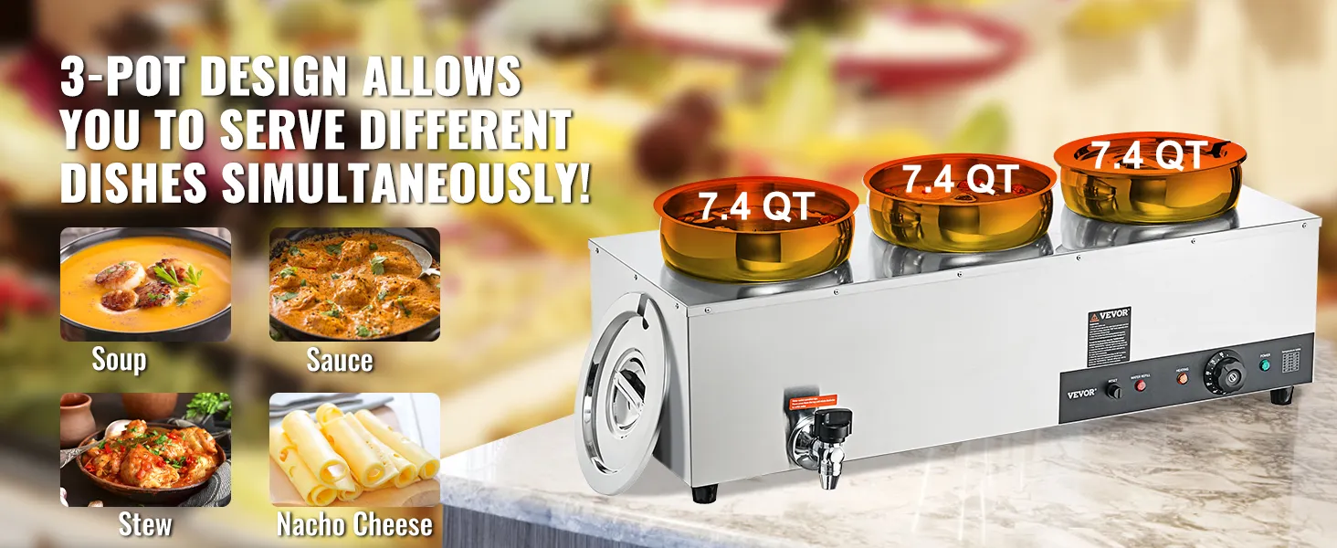 Calentador de sopa eléctrico VEVOR de 3 ollas que muestra sopa, salsa, guiso y queso nacho, con capacidad de 7,4 cuartos de galón.