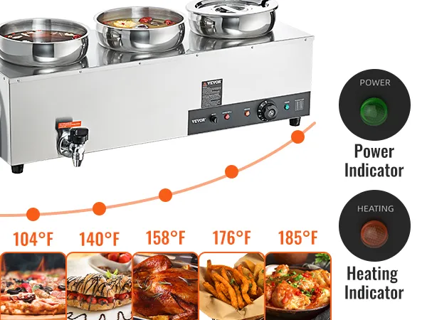 Calentador de sopa eléctrico VEVOR con doble potencia e indicadores de calentamiento, ideal para diferentes temperaturas de platos.