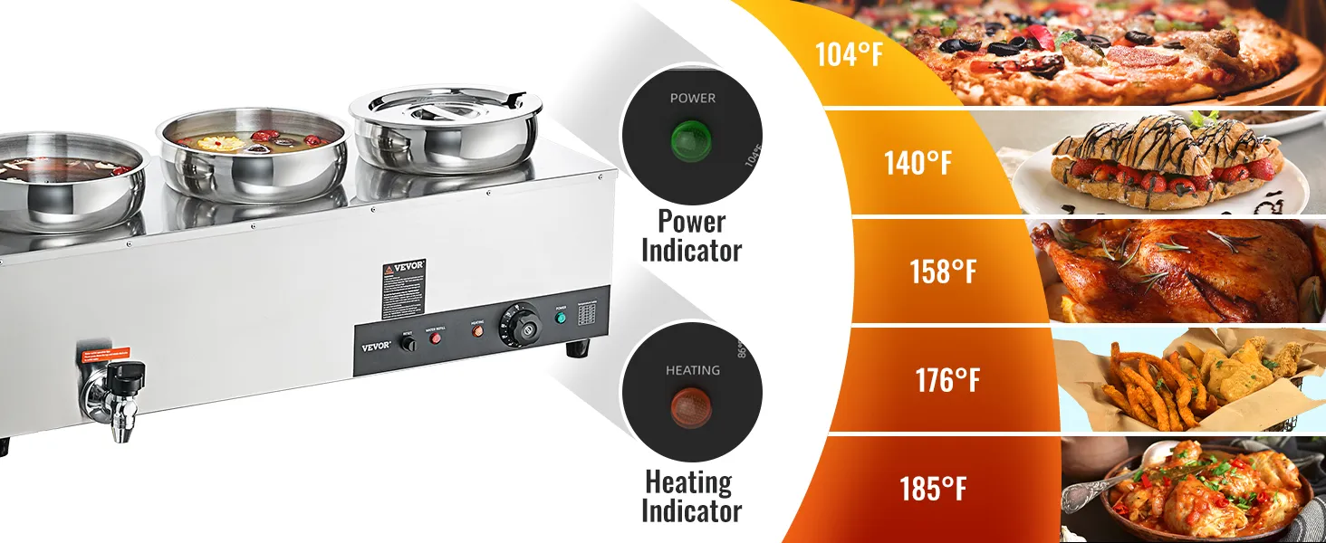 Calentador de sopa eléctrico VEVOR con doble potencia e indicadores de calentamiento, ideal para diferentes temperaturas de platos.