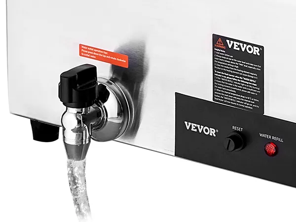Calentador de sopa eléctrico VEVOR con grifo de agua, controles y botón de reinicio en cuerpo de acero inoxidable.