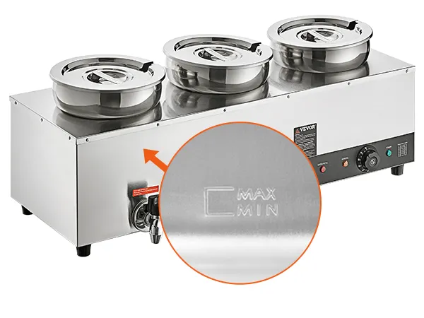 Calentador de sopa eléctrico VEVOR con tres compartimentos de acero inoxidable e indicador de nivel de agua máximo-mínimo.
