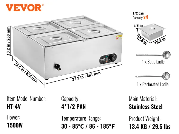 VEVOR 4-pan commercial food warmer, 1500w, 48 qt capacity, adjustable temperature, with ladles included.
