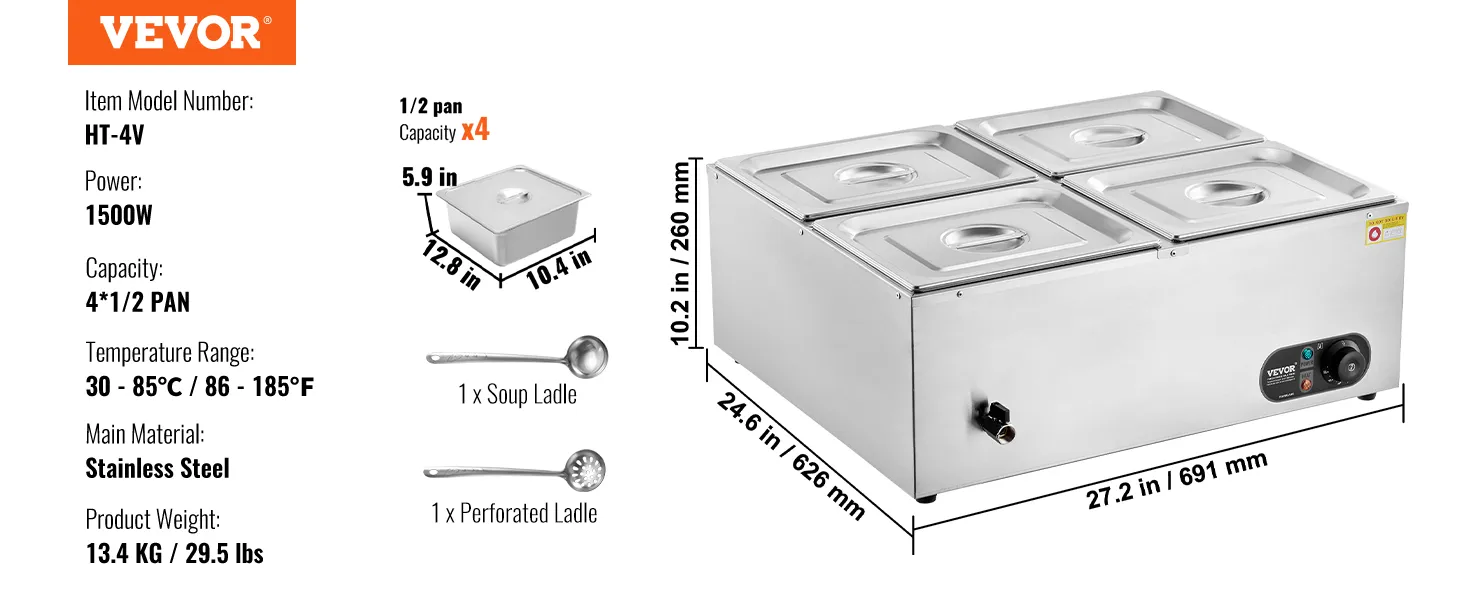 VEVOR 4-pan commercial food warmer, 1500w, 48 qt capacity, adjustable temperature, with ladles included.