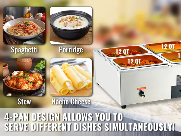 VEVOR 4-pan commercial food warmer with 12 qt capacity for spaghetti, porridge, stew, and nacho cheese.
