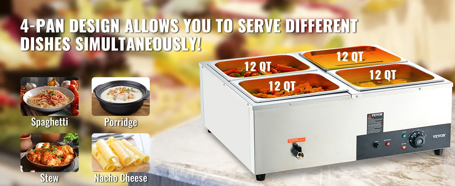 VEVOR 4-pan commercial food warmer with 12 qt capacity for spaghetti, porridge, stew, and nacho cheese.
