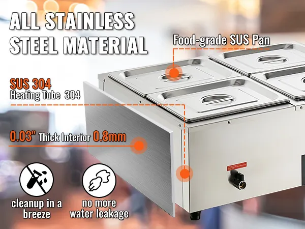 VEVOR 4-pan commercial food warmer, stainless steel with food-grade sus pans, easy cleanup, no water leaks.