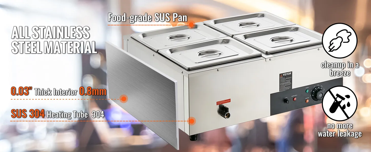 VEVOR 4-pan commercial food warmer, stainless steel with food-grade sus pans, easy cleanup, no water leaks.