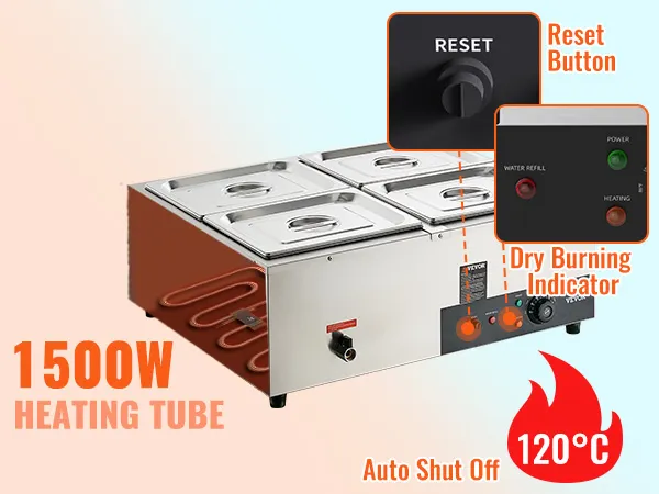 VEVOR 4-pan commercial food warmer with 1500w heating tube, reset button, and auto shut-off at 120°c.