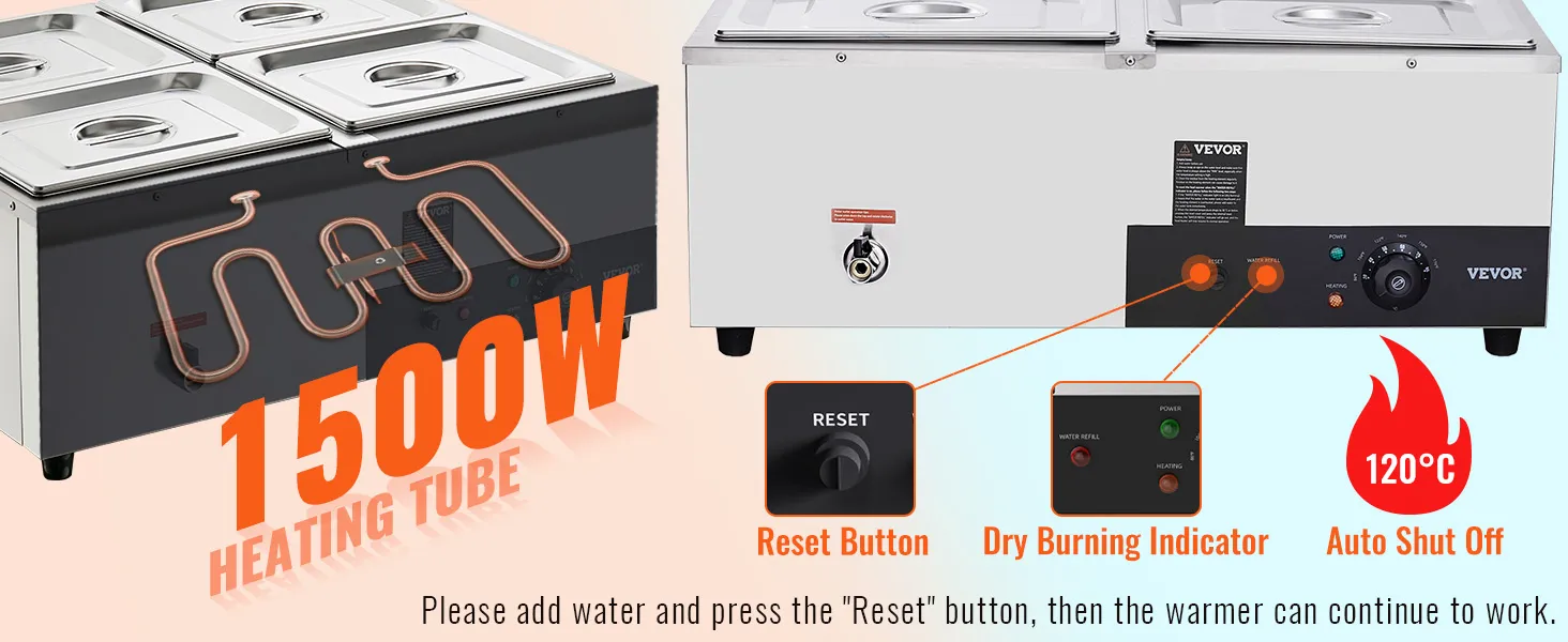 VEVOR 4-pan commercial food warmer with 1500w heating tube, reset button, and auto shut-off at 120°c.