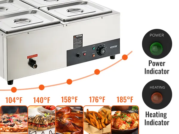 VEVOR 4-pan commercial food warmer with power and heating indicators, temperature settings listed.