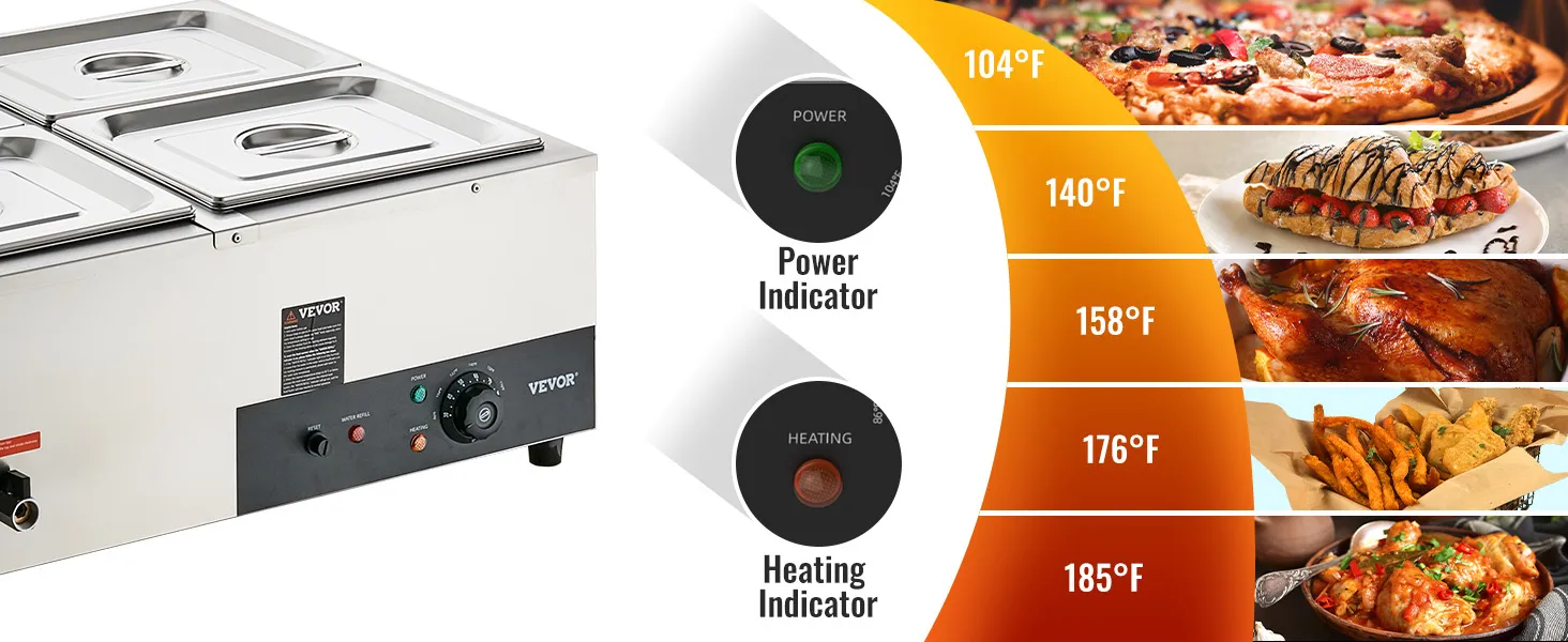 VEVOR 4-pan commercial food warmer with power and heating indicators, temperature settings listed.