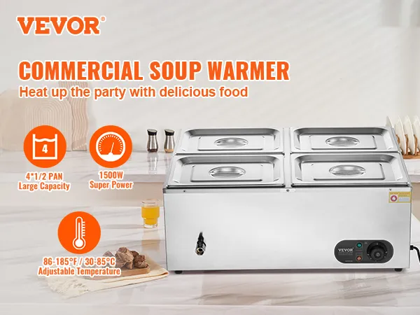 VEVOR 4-pan commercial food warmer on marble counter with trays of food and tomatoes.