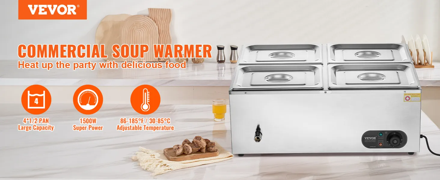 VEVOR 4-pan commercial food warmer on marble counter with trays of food and tomatoes.